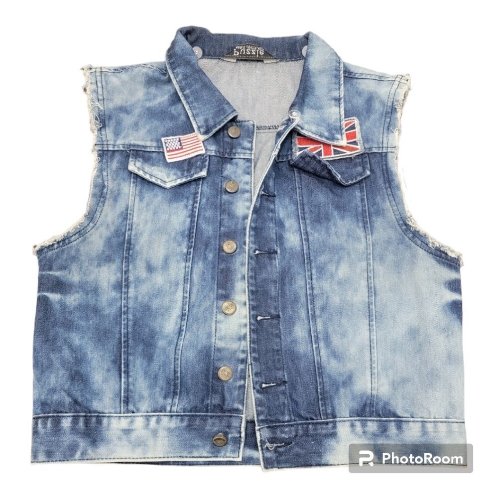 PUZZLE Jeans Vest Jacket Sleeveless Button Up Distressed Patched Women's Size L